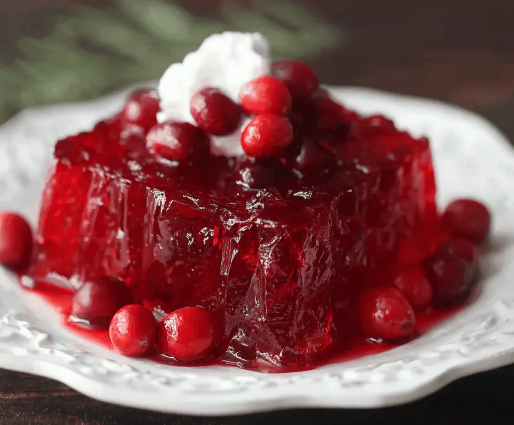 Colorful cranberry jello salad garnished with fresh fruits and mint for a festive occasion.