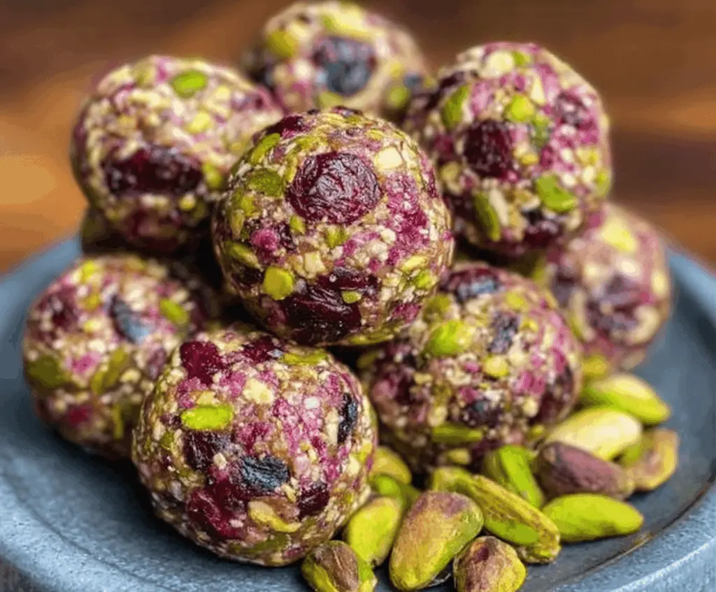 Healthy cranberry pistachio energy bites on a wooden platter with fresh ingredients.