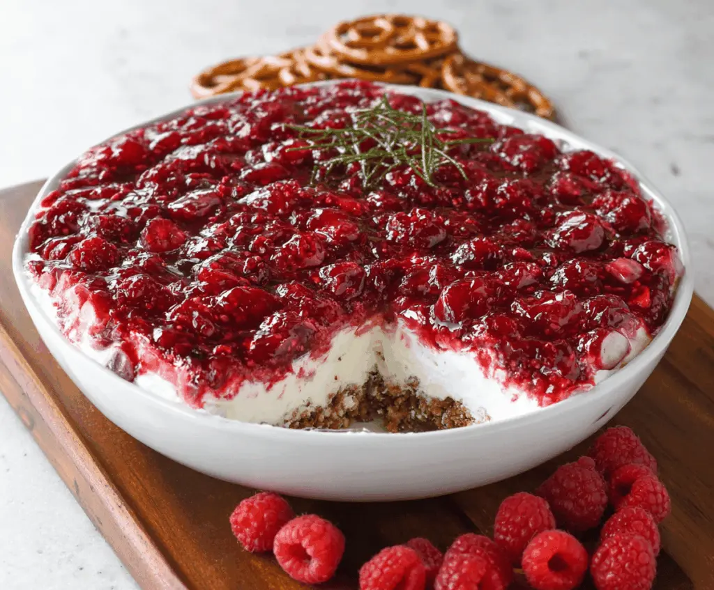 Delicious Cranberry Raspberry Pretzel Salad with fresh fruits and crunchy pretzels.