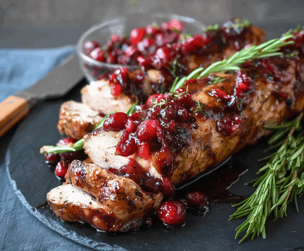 Juicy cranberry rosemary pork tenderloin served with fresh herbs and vibrant cranberries.