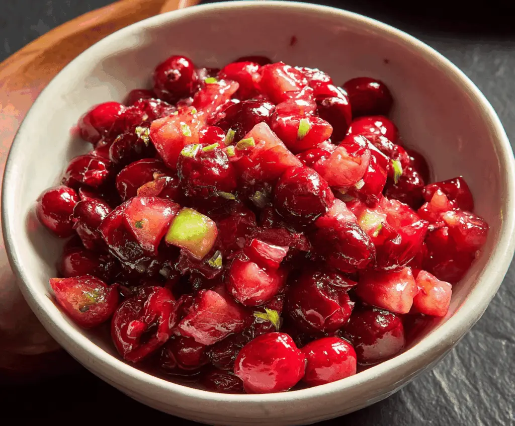Colorful cranberry salad with fresh cranberries, orange slices, and mint leaves in a glass bowl