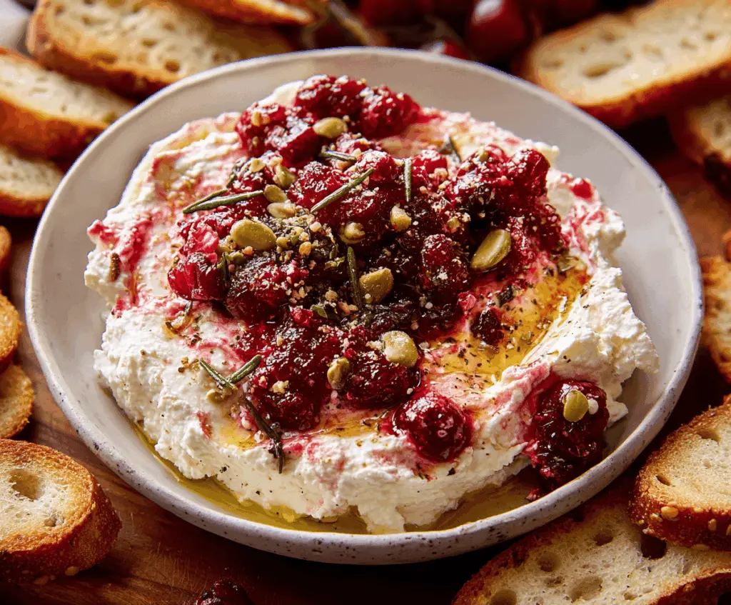 Creamy cranberry whipped feta dip served with fresh crackers, perfect for appetizer parties.
