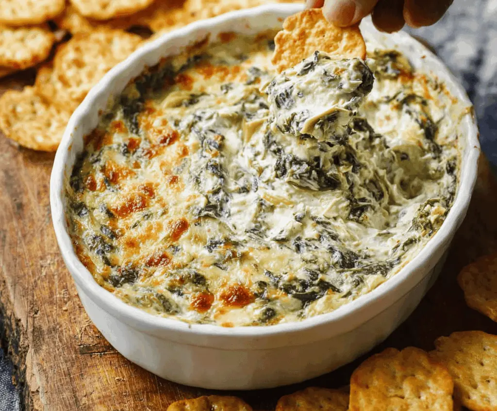 Creamy spinach and artichoke dip served in a bowl, perfect for holidays and parties.
