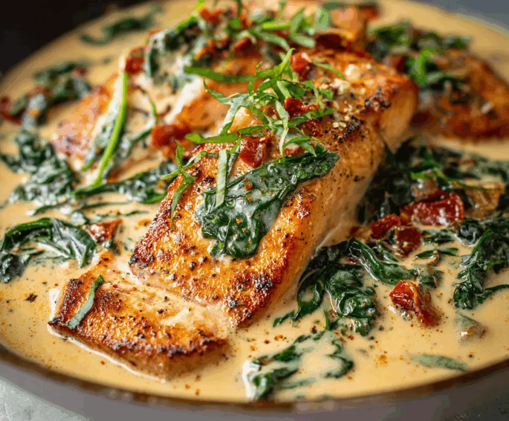 Creamy Tuscan Salmon with spinach and sun-dried tomatoes on a dinner plate.