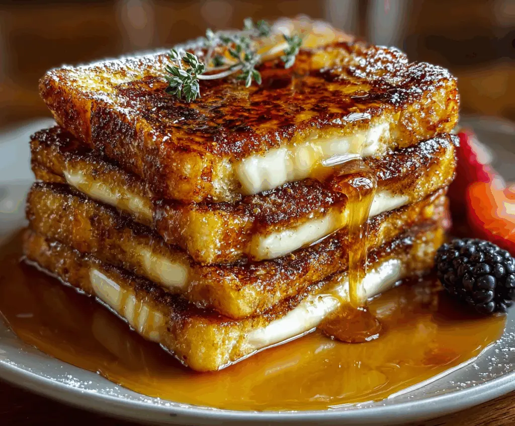 Delicious Crème Brûlée French Toast topped with caramelized sugar and fresh berries.
