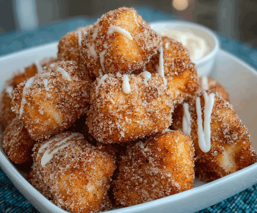 Crispy angel cake churro bites topped with cinnamon sugar and served as a delicious snack.