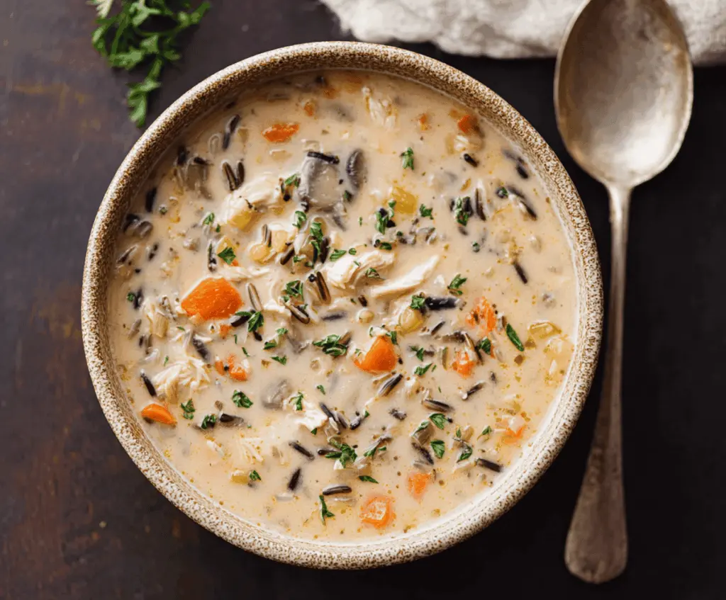 Creamy Crockpot Chicken and Wild Rice Soup served in a bowl, garnished with fresh herbs for a hearty and comforting meal.