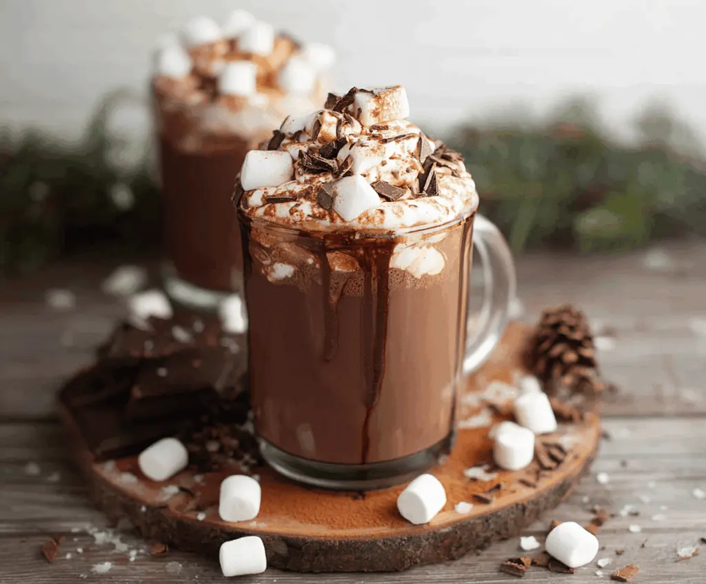 Creamy Crockpot Hot Chocolate with whipped cream and chocolate shavings in a cozy mug