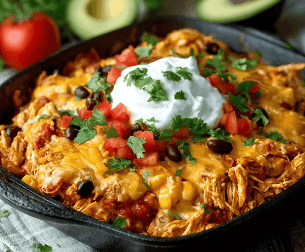Savory Tex-Mex Chicken Casserole with melted cheese and colorful vegetables on a serving dish