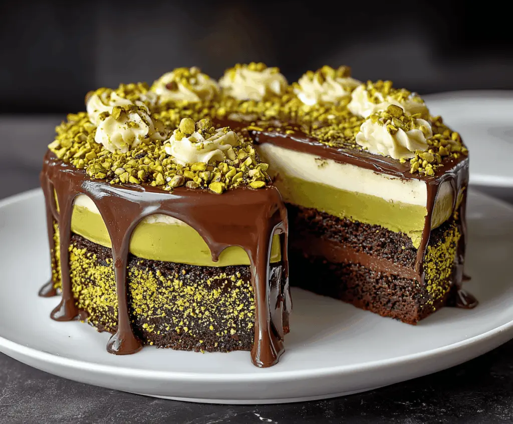 Delicious Dubai Chocolate Pistachio Cake with rich chocolate frosting and chopped pistachios on top