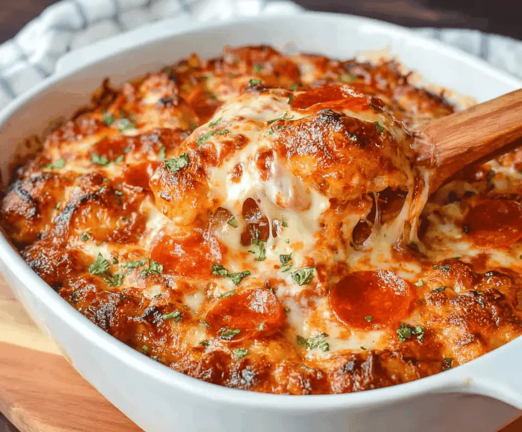 Delicious Easy Bubble Up Pizza Casserole with melted cheese, pepperoni, and fresh herbs in a baking dish