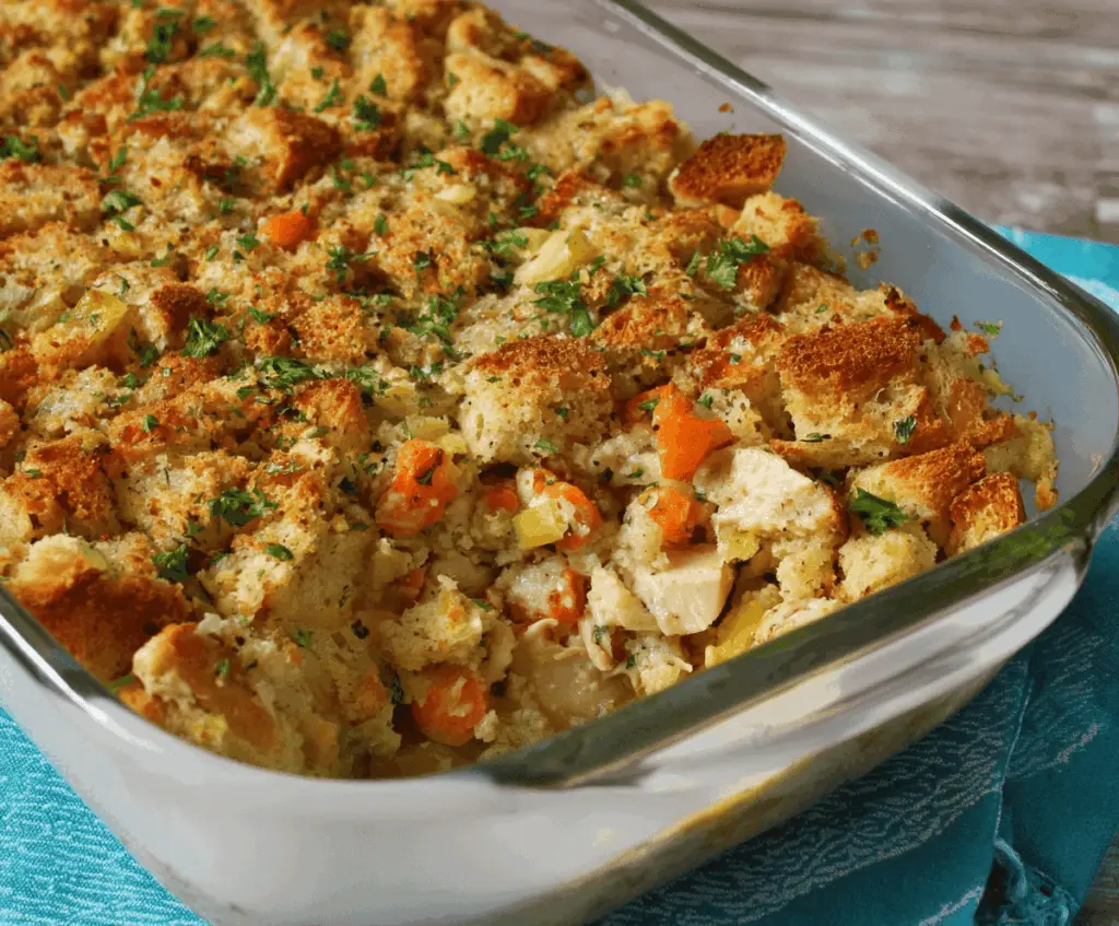 Delicious Easy Chicken Stuffing Casserole with golden crispy topping and tender chicken pieces.