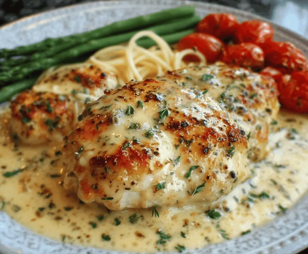 Creamy baked Asiago chicken served with herbs and vegetables on a white plate.
