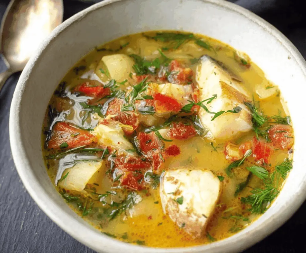 Delicious homemade fish soup with fresh herbs and vegetables in a bowl.