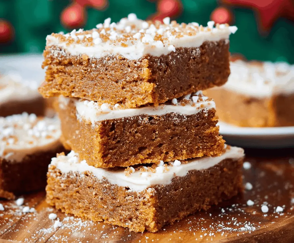 Delicious homemade gingerbread bars topped with icing and sprinkles on a festive plate.
