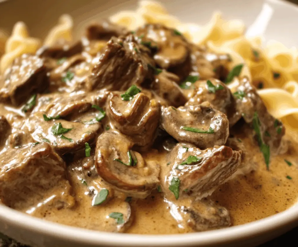 Delicious Gordon Ramsay Beef Stroganoff served over noodles with creamy sauce and tender beef.