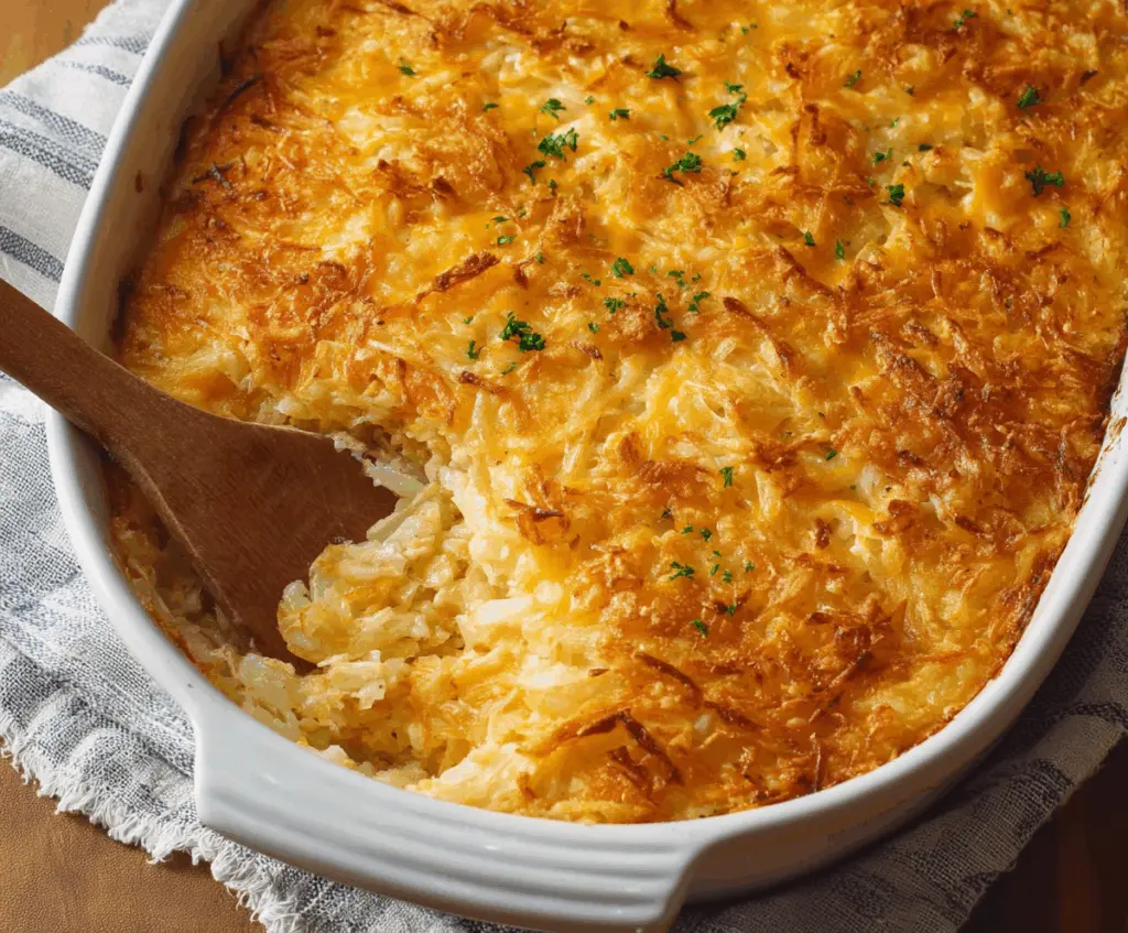 Delicious hashbrown casserole in a baking dish, perfect for breakfast or brunch.