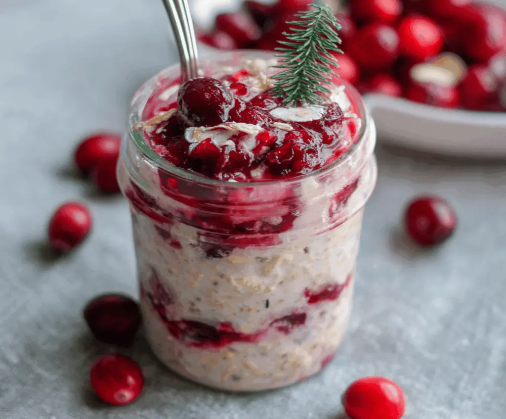 Healthy cranberry overnight oats in a glass jar with fresh cranberries and honey