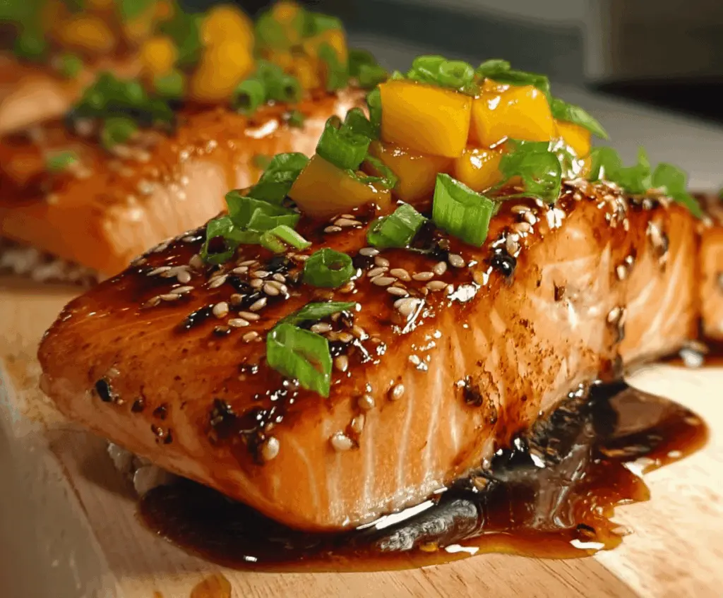 Delicious Mango Teriyaki Salmon plated with fresh mango slices and vibrant vegetables.