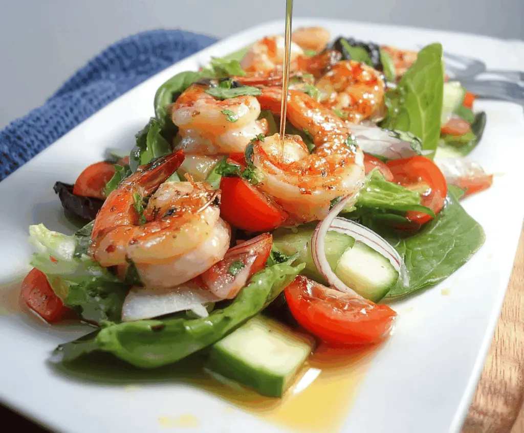 Italian Olive Oil Shrimp Salad with fresh tomatoes and herbs on a white plate