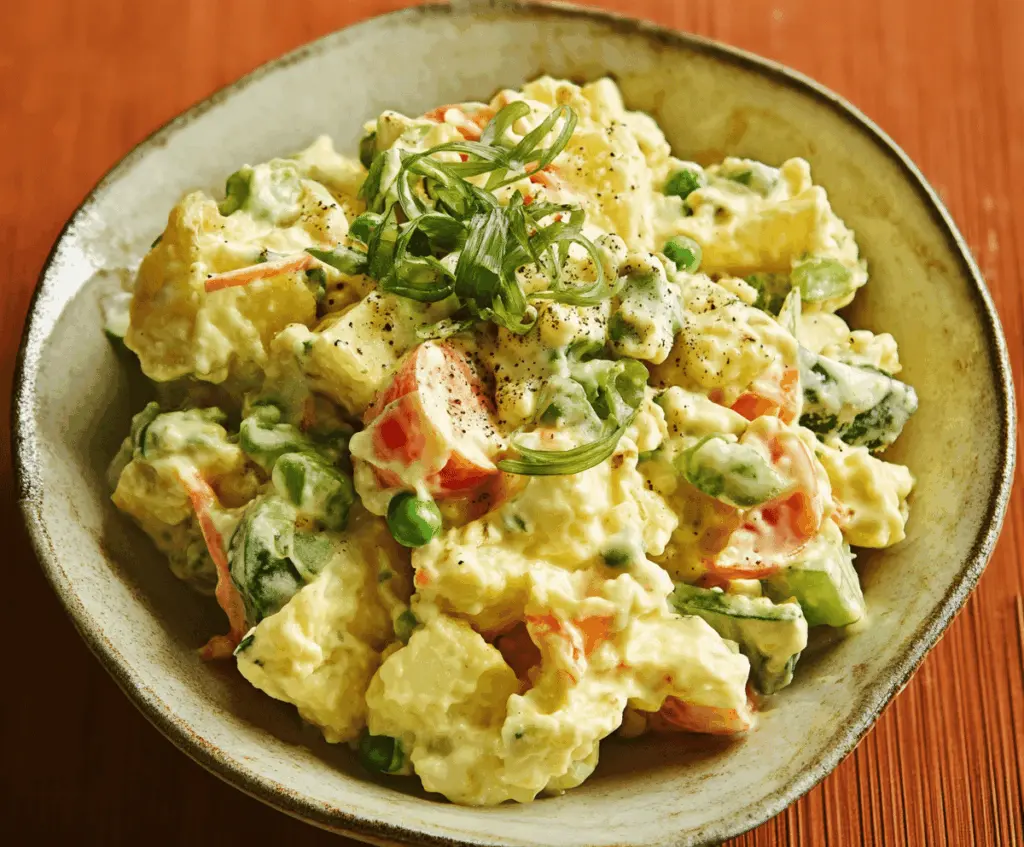 Creamy Japanese Potato Salad with fresh vegetables and a sprinkle of herbs.