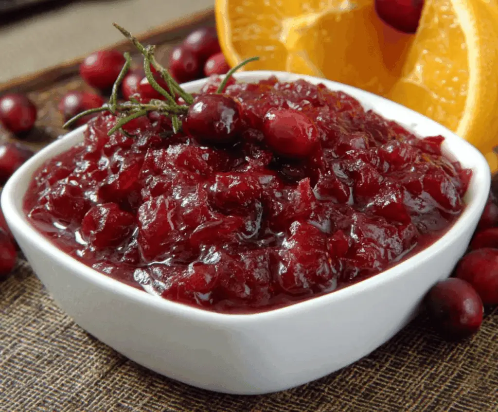 Close-up of Julia Child’s Easy Cranberry Sauce Recipe with fresh cranberries in a glass bowl and cooking utensils on a wooden table.