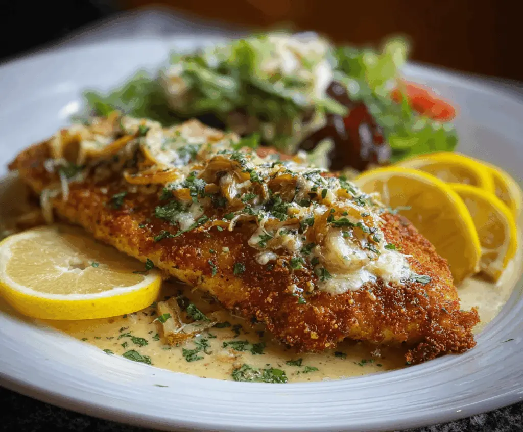 Delicious Lemon Chicken Romano served on a plate garnished with lemon slices and herbs.