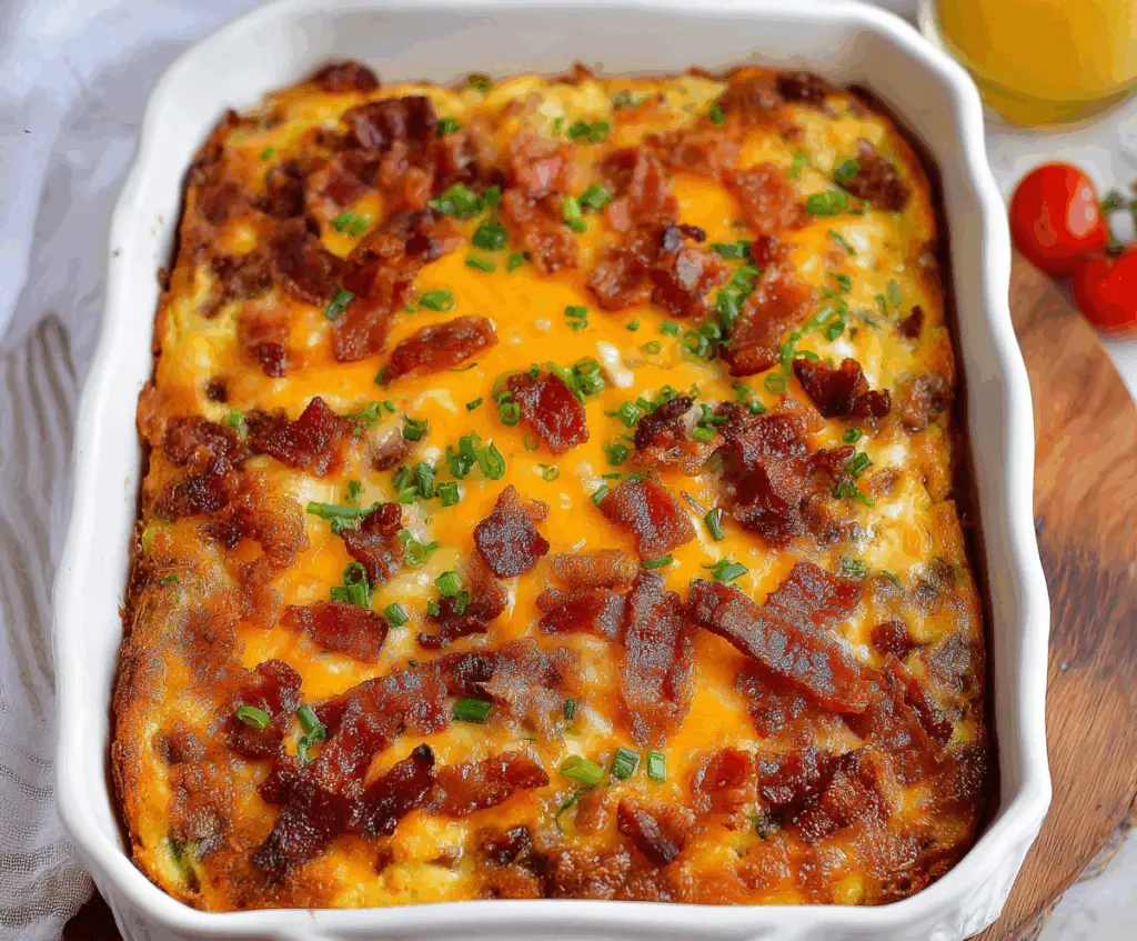 Loaded overnight breakfast casserole with eggs, cheese, and bacon in a baking dish.