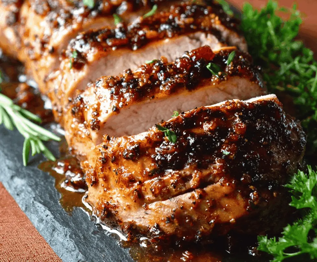 Juicy Maple Dijon glazed pork tenderloin served on a white plate with fresh herbs.