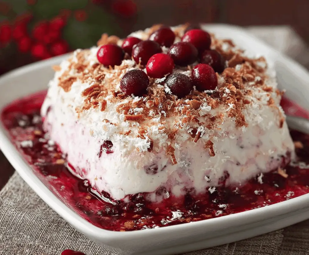 Delicious No-Bake Cranberry Yum Yum dessert with fresh cranberries and creamy texture.