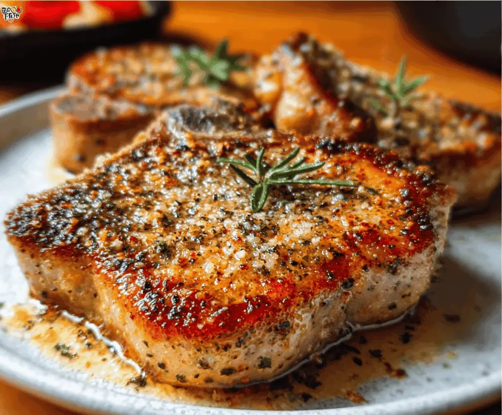 Delicious Parmesan Crusted Pork Chops served on a plate with fresh herbs and lemon wedges.