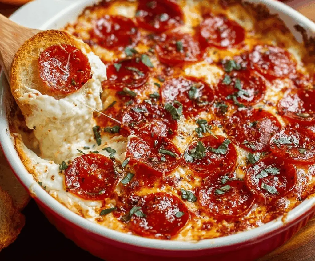 Delicious pizza dip with creamy cream cheese, perfect for parties and snacks.