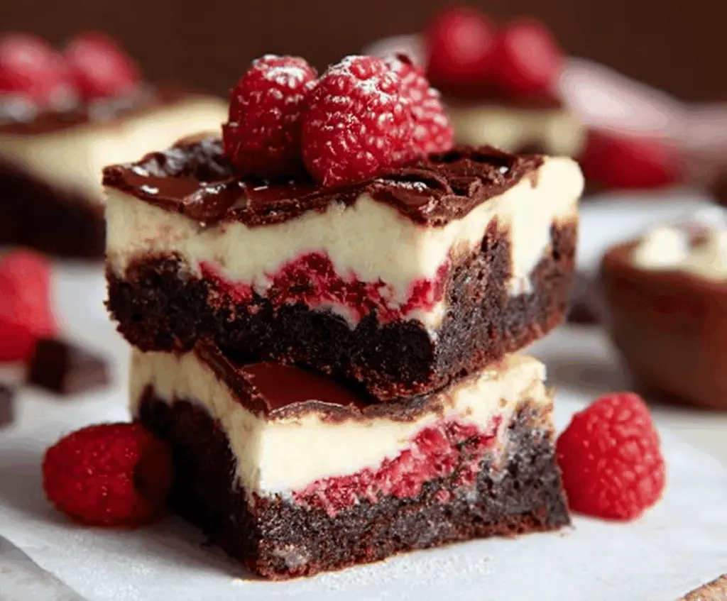 Delicious Raspberry Brownie Cheesecake topped with fresh raspberries and rich chocolate layers.