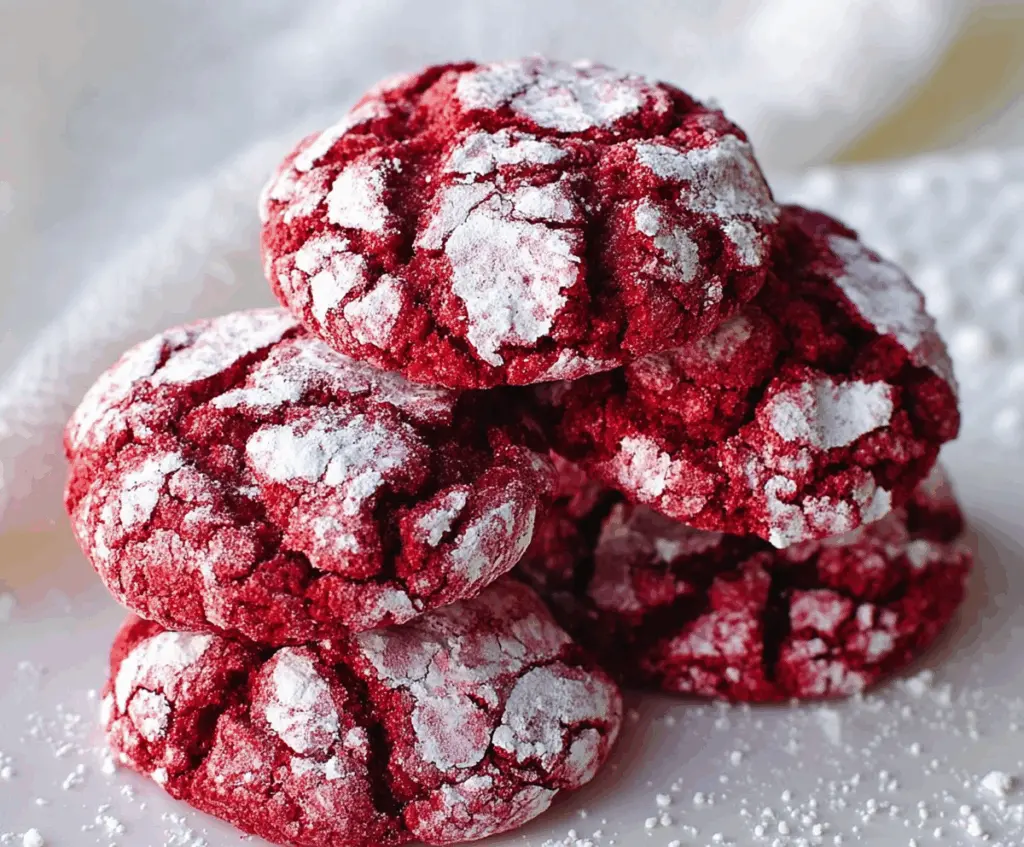 Delicious red velvet crinkle cookies with powdered sugar, perfect for festive occasions and holidays.