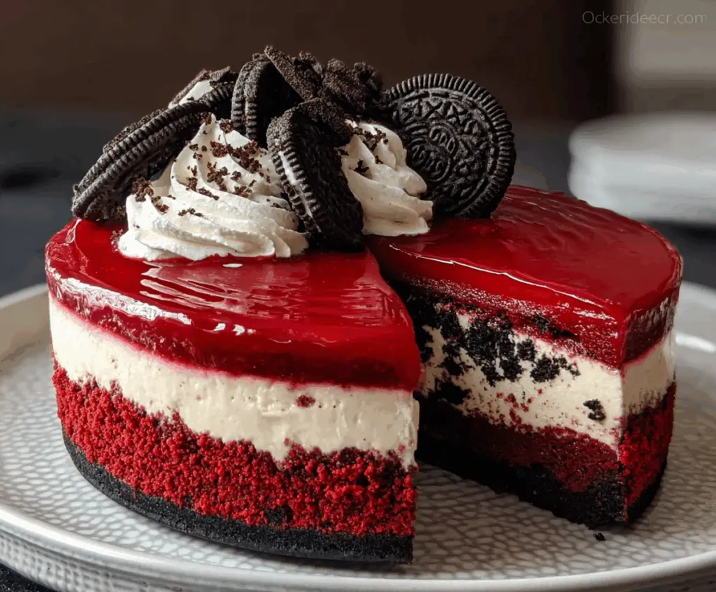 Delicious Red Velvet Oreo Cheesecake with vibrant red layers and creamy topping