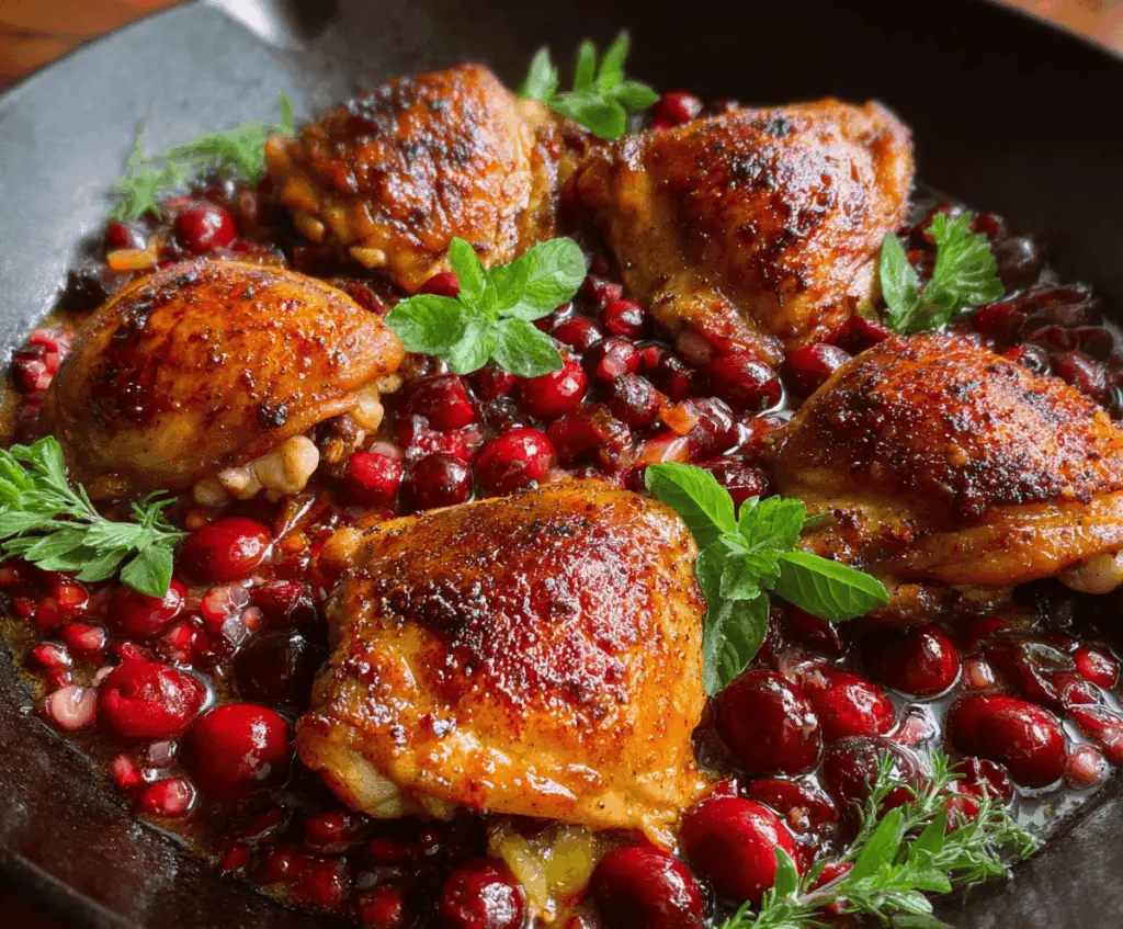 Juicy roasted cranberry chicken thighs garnished with fresh herbs on a white platter.