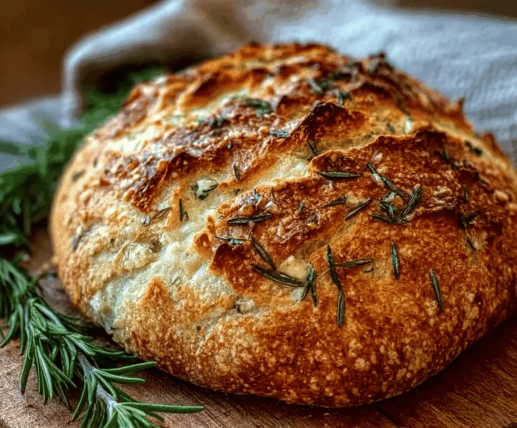 Golden, crusty Rustic No-Knead Rosemary Garlic Bread fresh out of the oven, garnished with herbs
