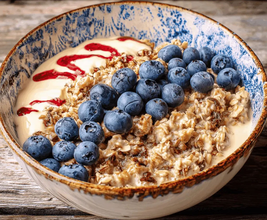 Healthy scrambled oats breakfast in a bowl topped with fresh fruits and nuts