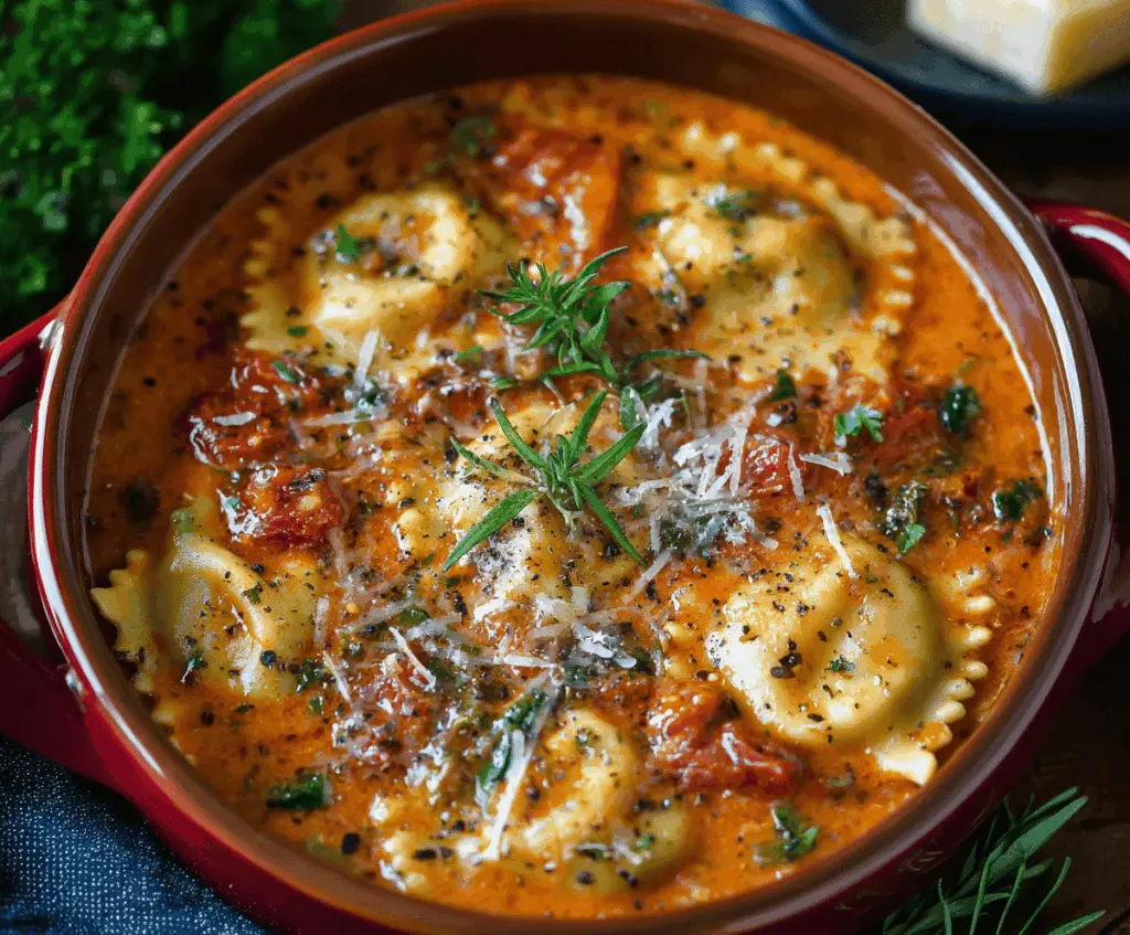 A bowl of simple and delicious ravioli soup in a pot, garnished with fresh herbs.