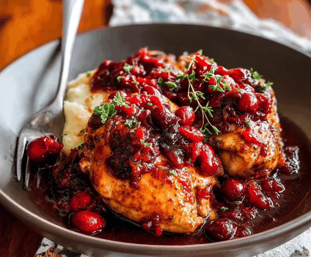 Delicious slow cooker cranberry chicken served with fresh herbs and colorful vegetables.