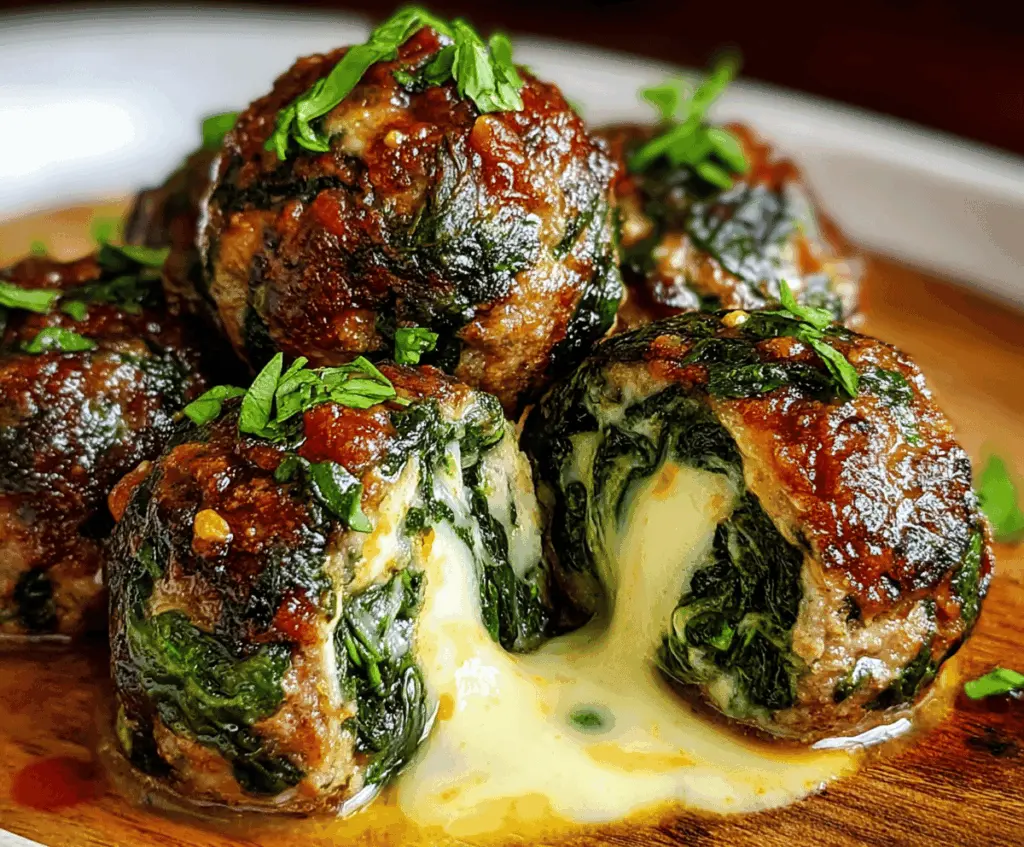 Delicious spinach garlic meatballs stuffed with melting mozzarella cheese on a serving plate.