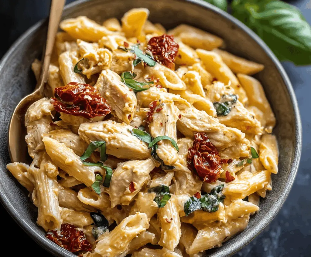 Creamy Sun-Dried Tomato Chicken Pasta served with fresh herbs and Parmesan cheese.