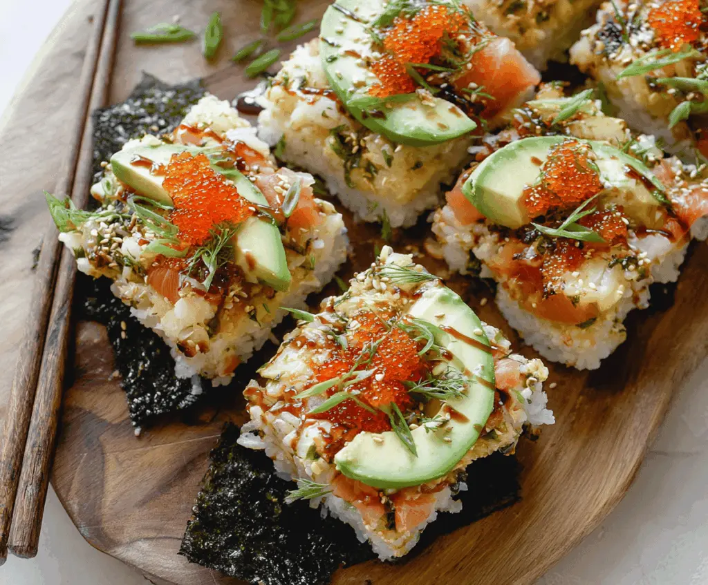 Delicious Sushi Bake with layers of fresh seafood, rice, and creamy toppings