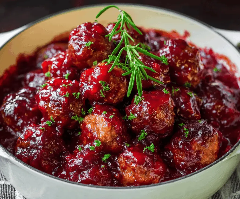 Delicious sweet and savory cranberry meatballs served on a plate for a festive appetizer.