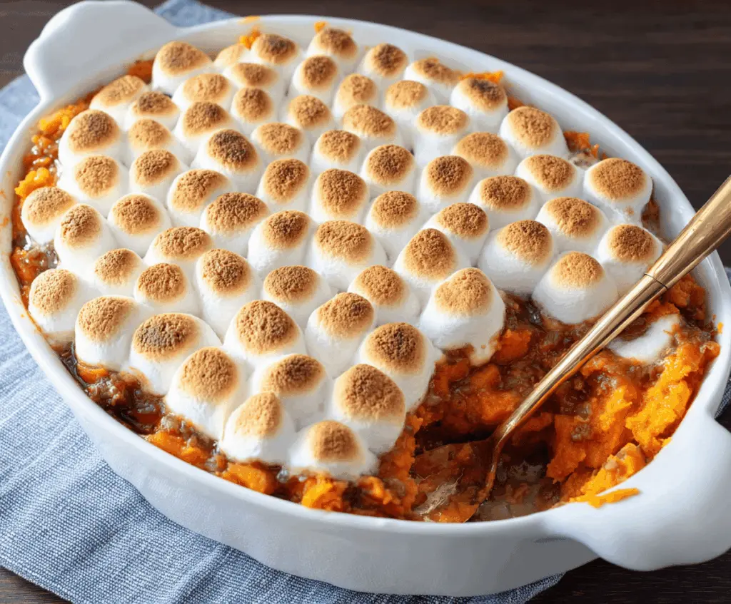 Delicious sweet potato and marshmallow bake served in a baking dish, perfect for a cozy dessert.
