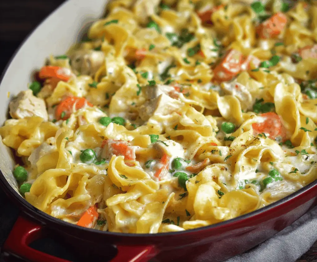 Delicious Turkey Noodle Casserole with melted cheese and fresh herbs in a baking dish.