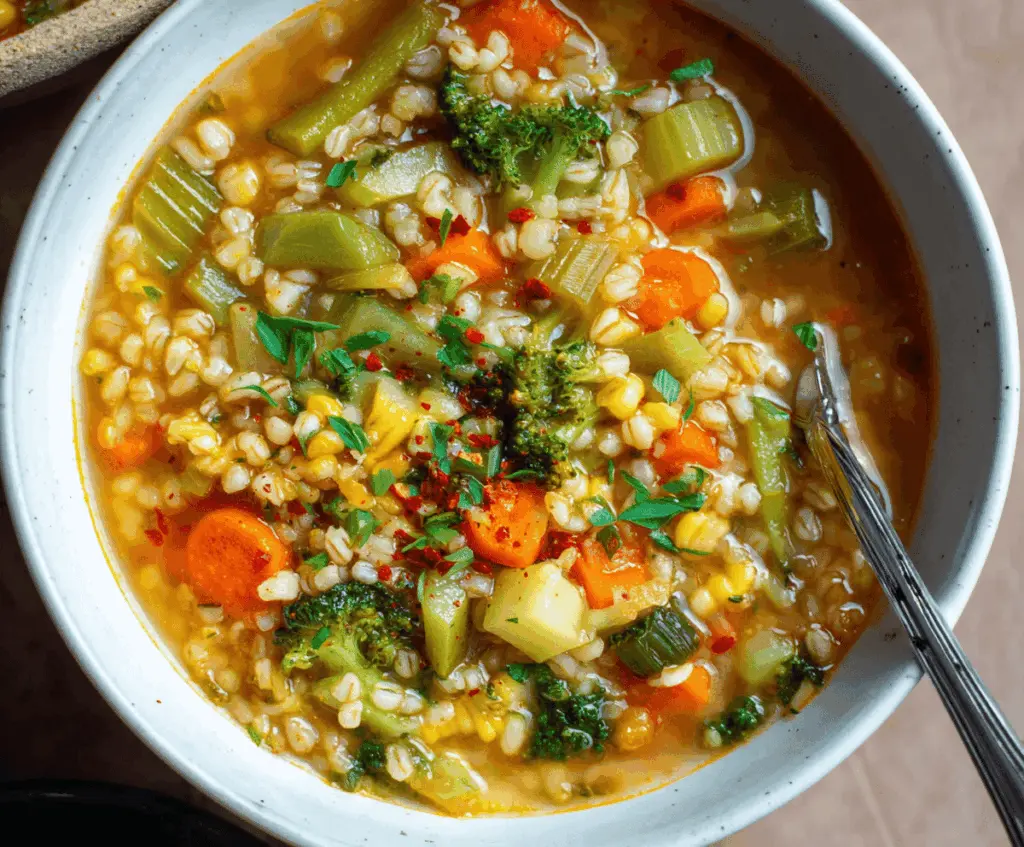 Healthy vegetable barley soup in a bowl with fresh vegetables and herbs, nutritious and filling meal.