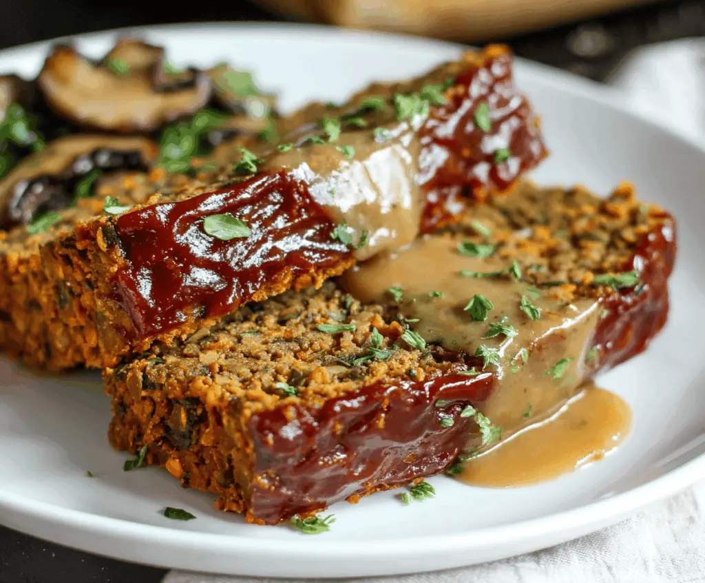 Delicious vegetarian lentil loaf served with rich mushroom gravy, perfect for a healthy meal.