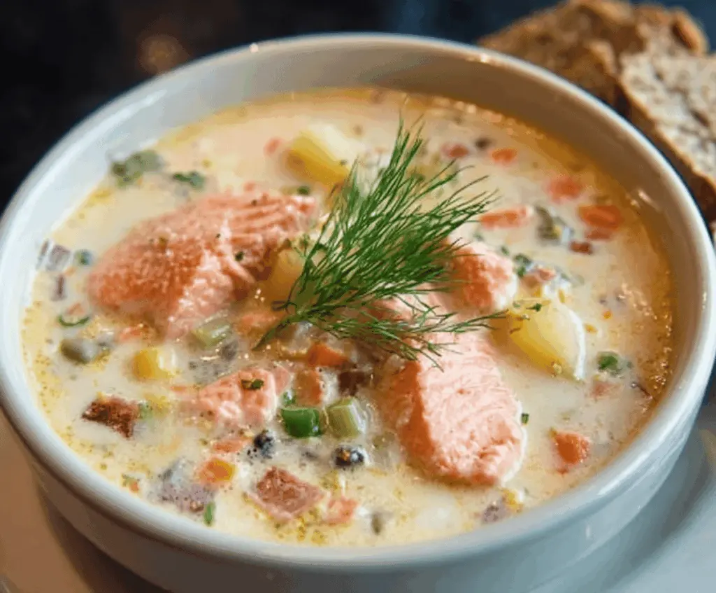 Creamy wild salmon chowder in a bowl with fresh herbs and vegetables.