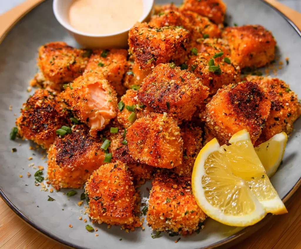 Delicious Air Fryer Salmon Bites served with fresh lemon slices on a white plate.